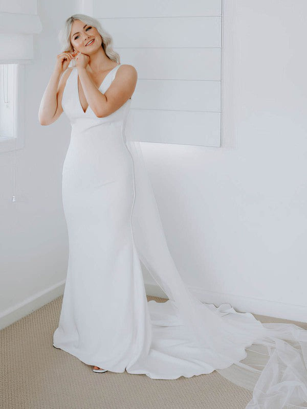 Sheath/Column V-neck Stretch Crepe Sweep Train Wedding Dress