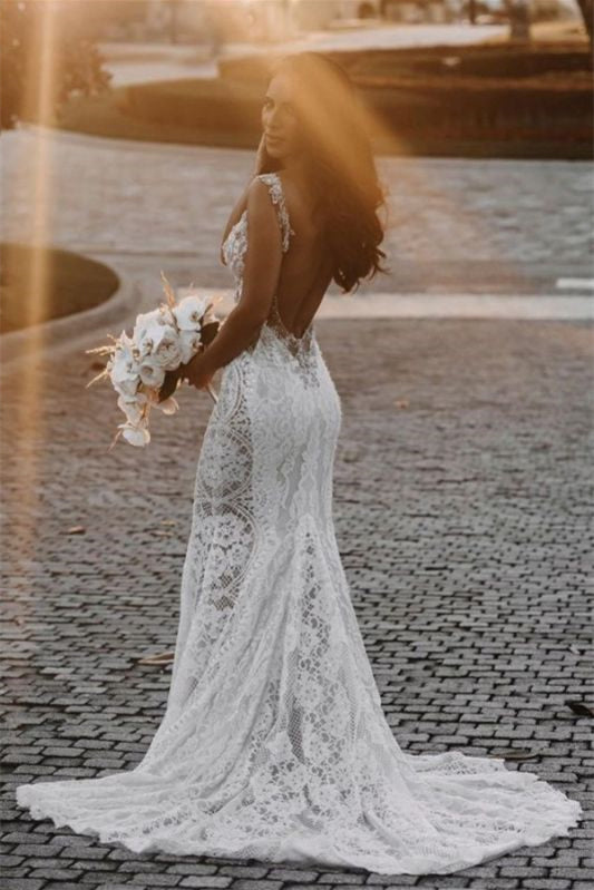 Sheer Strap Chapel Train Lace Mermaid Wedding Dress with Beading