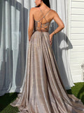 Shimmer Crepe Ball Gown Sweetheart Prom Dresses with Split Front and Sweep Train