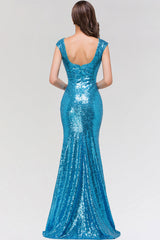 Shinny Sequined Long Mermaid Blue Affordable Bridesmaid Dress-Babyonlines