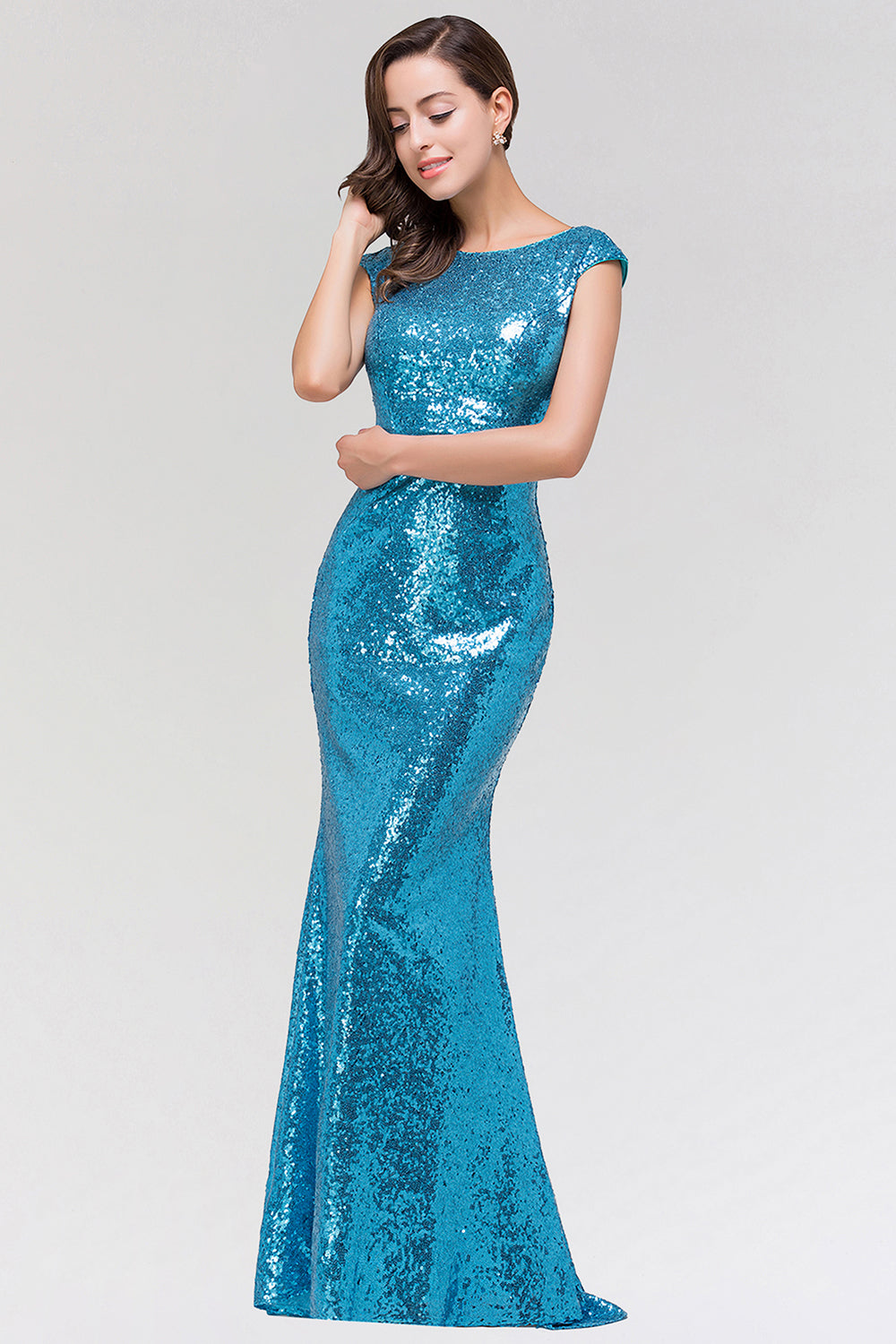 Shinny Sequined Long Mermaid Blue Affordable Bridesmaid Dress-Babyonlines