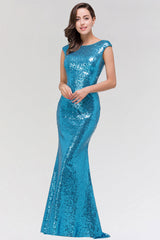 Shinny Sequined Long Mermaid Blue Affordable Bridesmaid Dress-Babyonlines