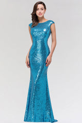 Shinny Sequined Long Mermaid Blue Affordable Bridesmaid Dress-Babyonlines