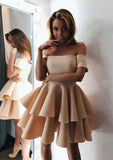 Short/Mini Satin Homecoming Dress with Ruffles and A-line Off-the-Shoulder Sleeves - Babyonlines