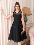 Short A Line Sleeveless Crew Neck Tulle Lace Formal Dress