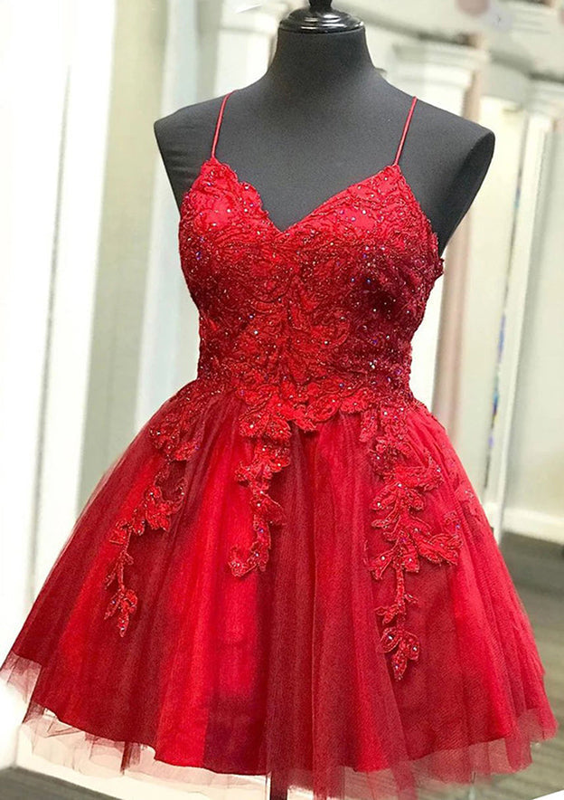 Short/Mini Homecoming Dress with Lace Tulle and Beading - A-line V Neck Sleeveless - Babyonlines