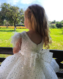 Short Ball Gown Sequins Feather Glitter Flower Girl Dress with Bow