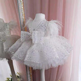 Short Ball Gown Sequins Feather Glitter Flower Girl Dress with Bow