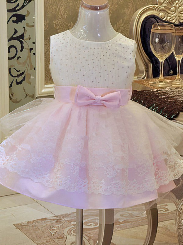 Short/Mini Beading Flower Girl Dresses with Scoop Neck Lace Satin Tulle Ball Gown