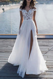 Short Sleeve Applique Wedding Dress with Split