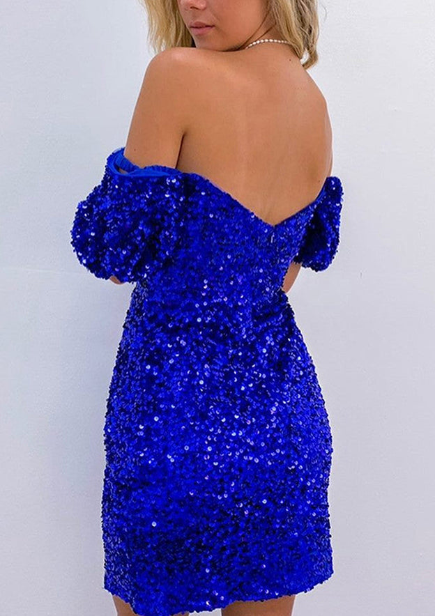 Short Sleeve Sequined Short/Mini Homecoming Dress - Sheath/Column Off-the-Shoulder - Babyonlines