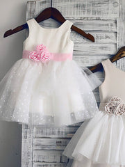 Short/Mini Tiered Flower Girl Dresses - Ball Gown Scoop Neck Tulle Elastic Woven Satin