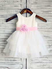 Short/Mini Tiered Flower Girl Dresses - Ball Gown Scoop Neck Tulle Elastic Woven Satin