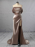 Silk-like Satin Off-the-shoulder Sheath/Column Prom Dresses with Sweeping Train and Ruffles