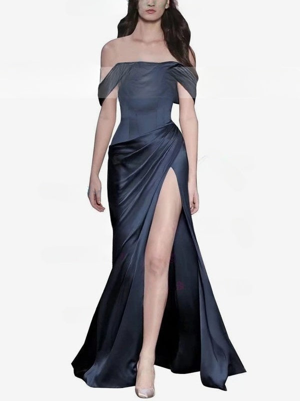 Silk-like Satin Off-the-shoulder Sheath/Column Prom Dresses with Sweeping Train and Ruffles