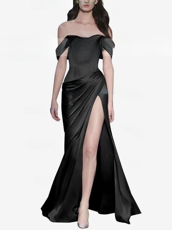 Silk-like Satin Off-the-shoulder Sheath/Column Prom Dresses with Sweeping Train and Ruffles