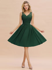 Simple Short A Line V-neck Chiffon Knee Length Bridesmaid Dress