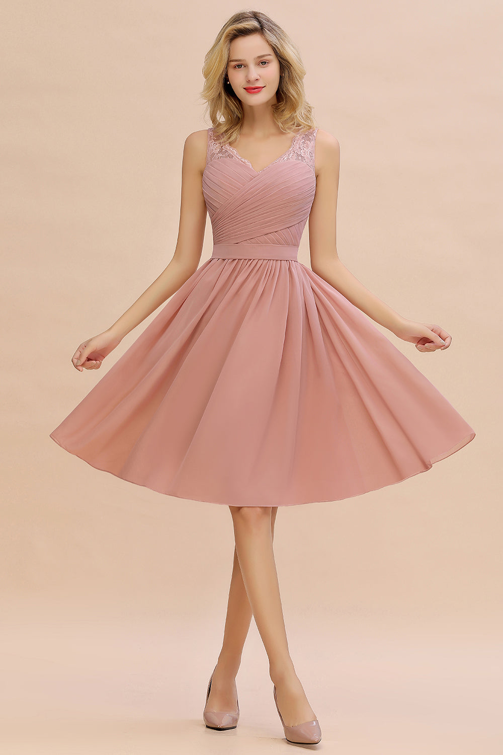 Simple Short A Line V-neck Chiffon Knee Length Bridesmaid Dress