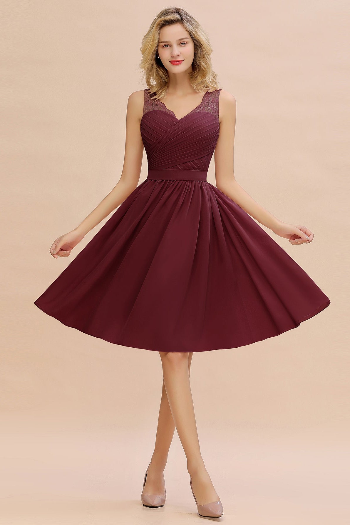 Simple Short A Line V-neck Chiffon Knee Length Bridesmaid Dress