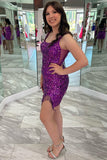 Square Neck Grape Sequin Fringe Short Homecoming Dress