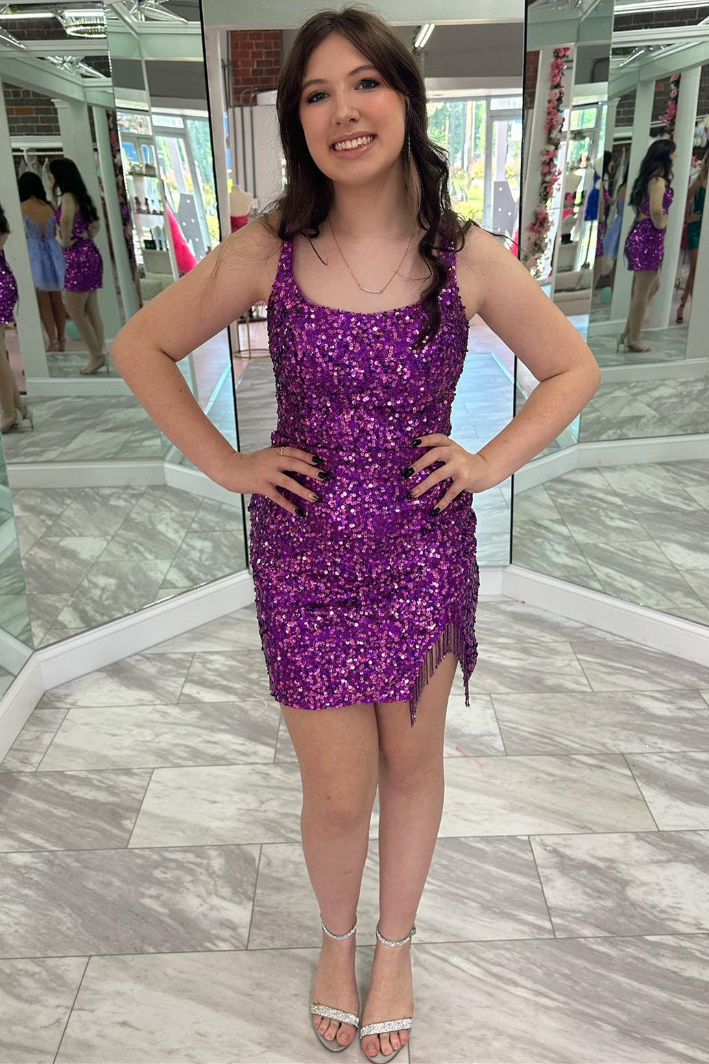 Square Neck Grape Sequin Fringe Short Homecoming Dress