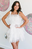 Square Neck White Tiered Tulle A-Line Homecoming Dress