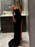 Straight Velvet Split Front Prom Dress with Sheath/Column Sweep Train