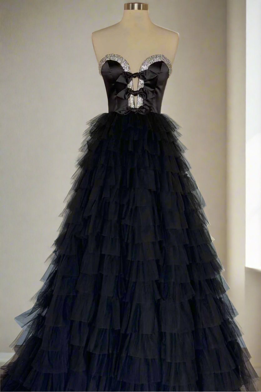 Strapless A-Line Black Ruffle Long Prom Dress