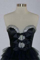 Strapless A-Line Black Ruffle Long Prom Dress