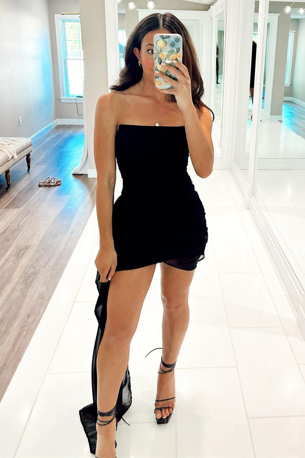 Strapless Black Mini Dress with Side Streamer