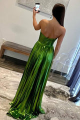 Strapless Green Metallic Pleated Long Prom Dress with Slit