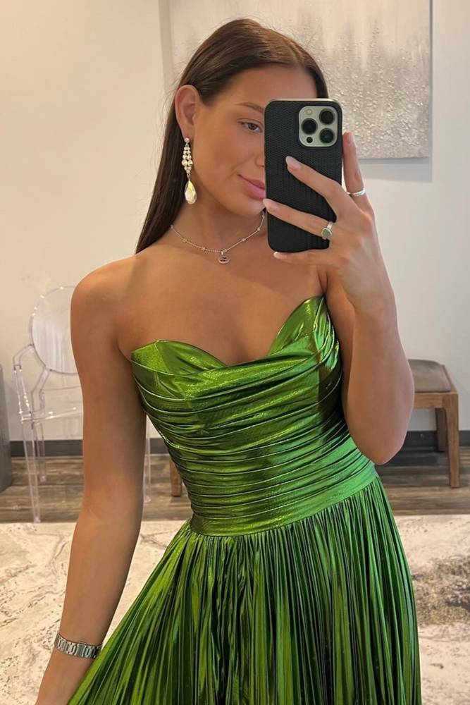 Strapless Green Metallic Pleated Long Prom Dress with Slit