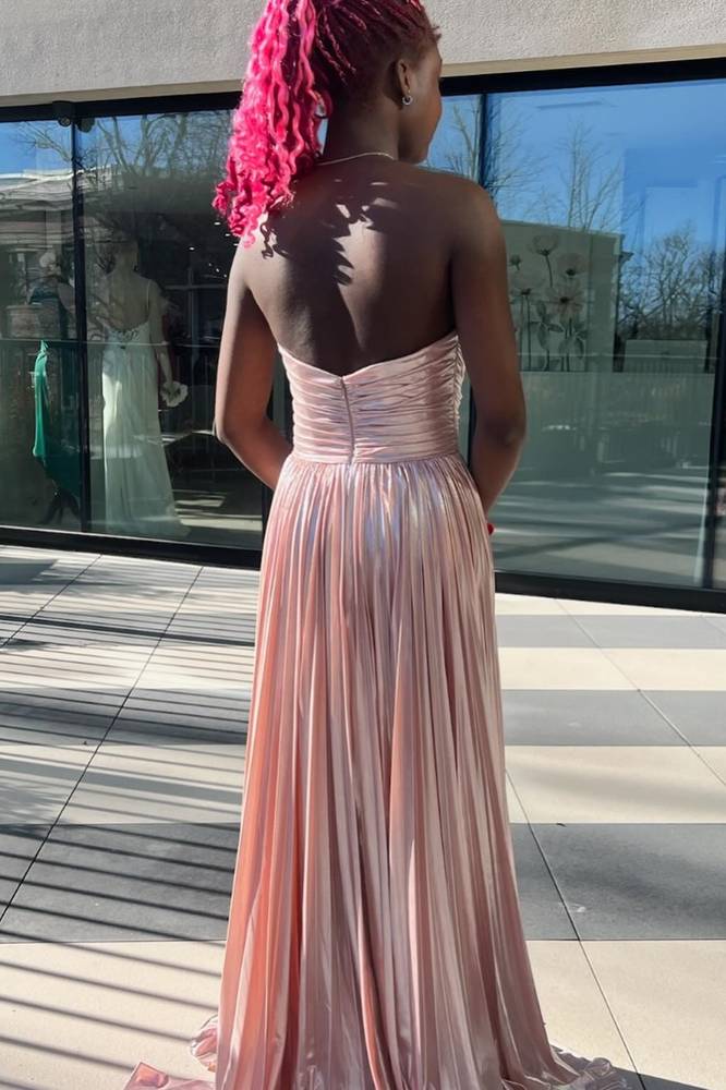 Strapless Green Metallic Pleated Long Prom Dress with Slit