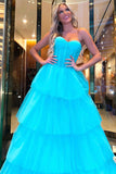 Strapless Light Blue Corset Layered Long Formal Dress