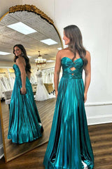 Strapless Metallic Keyhole Pleated Prom Dress with Slit