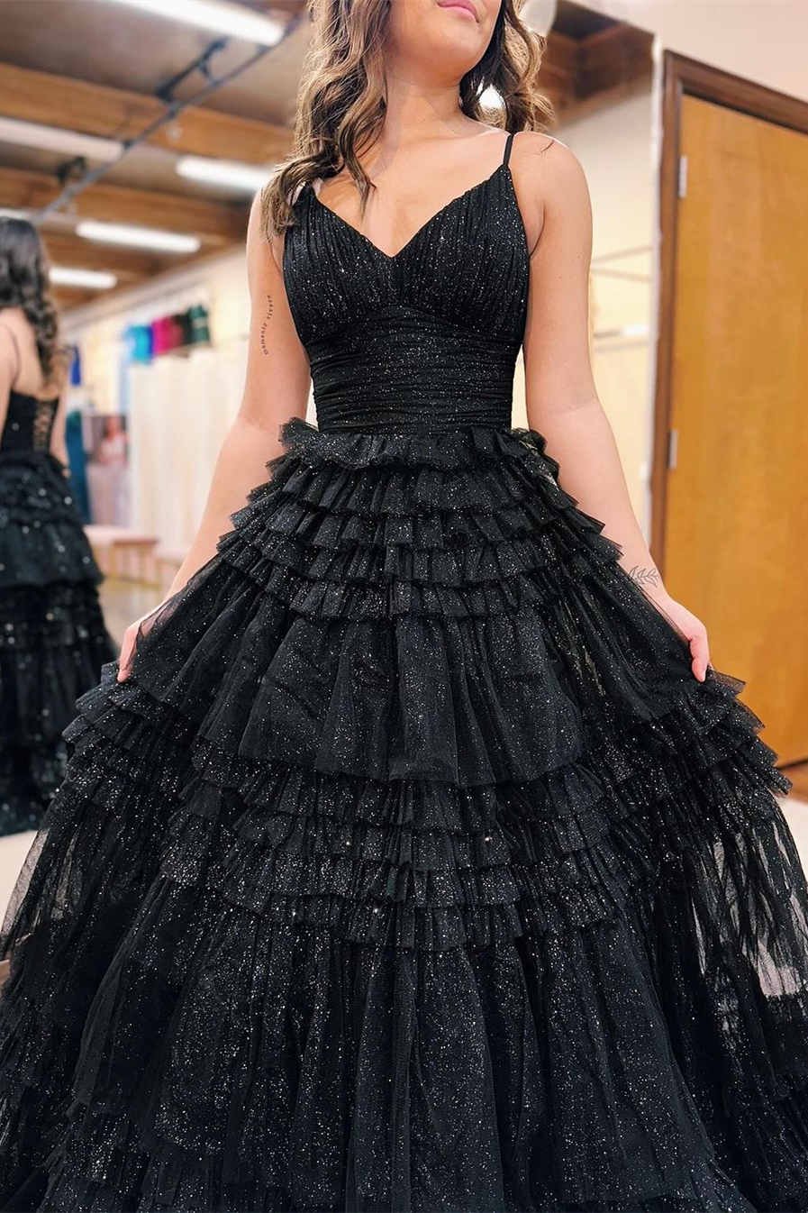 Straps Black V-Neck Pleated Tiered Long Prom Dress