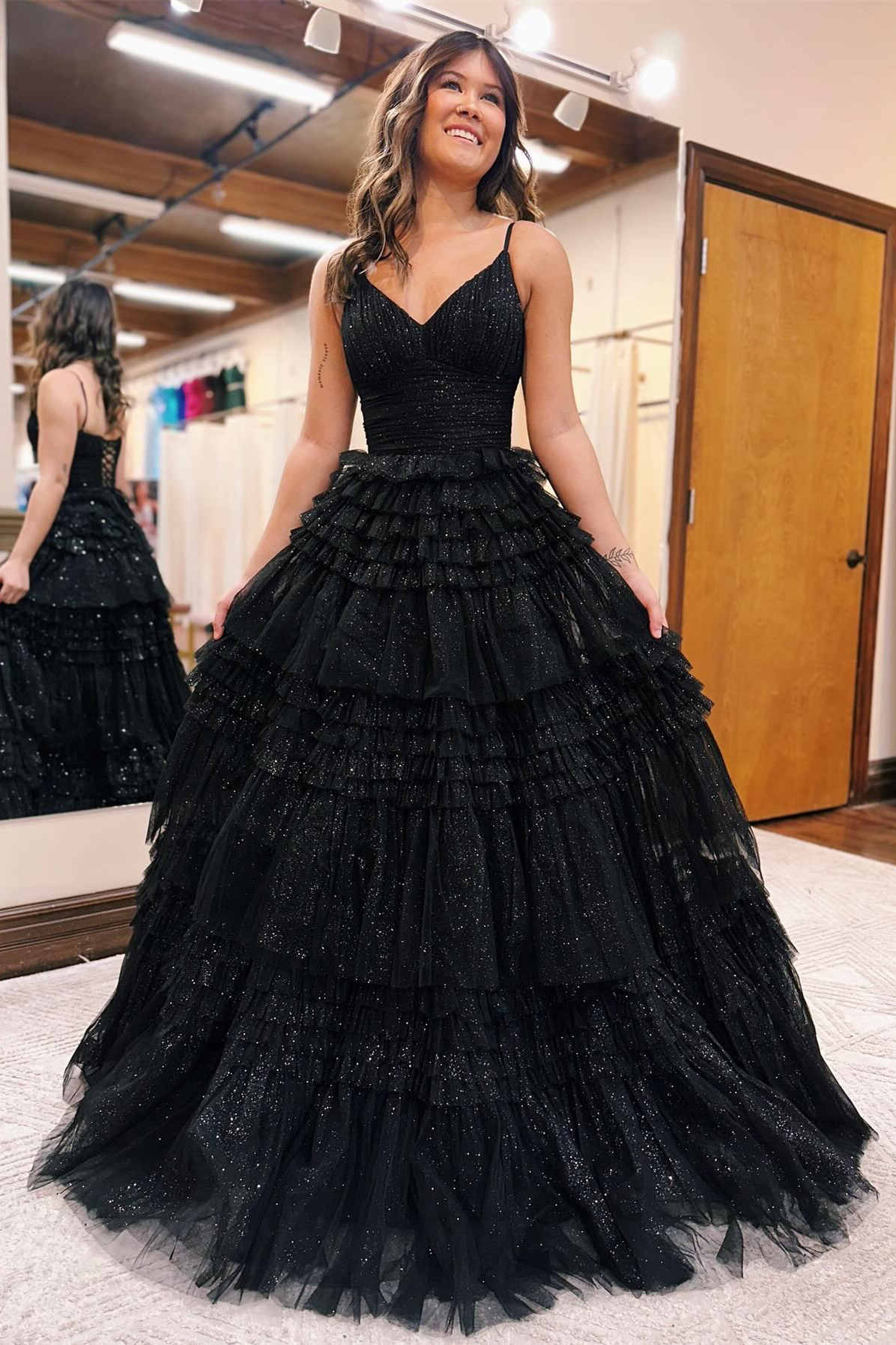 Straps Black V-Neck Pleated Tiered Long Prom Dress