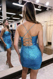 Straps Cowl Neck Light Blue Sequins Bodycon Homecoming Dress