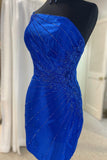 Straps One Shoulder Royal Blue Beaded Short Homecoming Dress