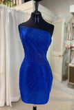 Straps One Shoulder Royal Blue Beaded Short Homecoming Dress