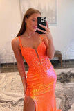 Straps Orange Sequin Long Prom Dress with Appliques