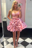 Straps Pink Corset Short Cocktail Dress with Rosette