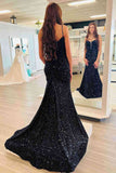 Straps Plunging Neck Navy Sequins Mermaid Prom Dress