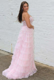 Straps Plunging Neck Pink Sequin Tiered Prom Gown