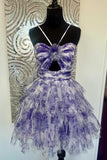 Straps Purple Floral Print Keyhole Ruffle Cocktail Dress