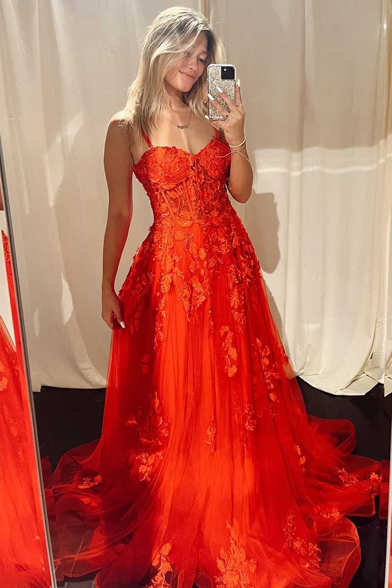 Straps Red Corset Lace Long Formal Dress with Appliques