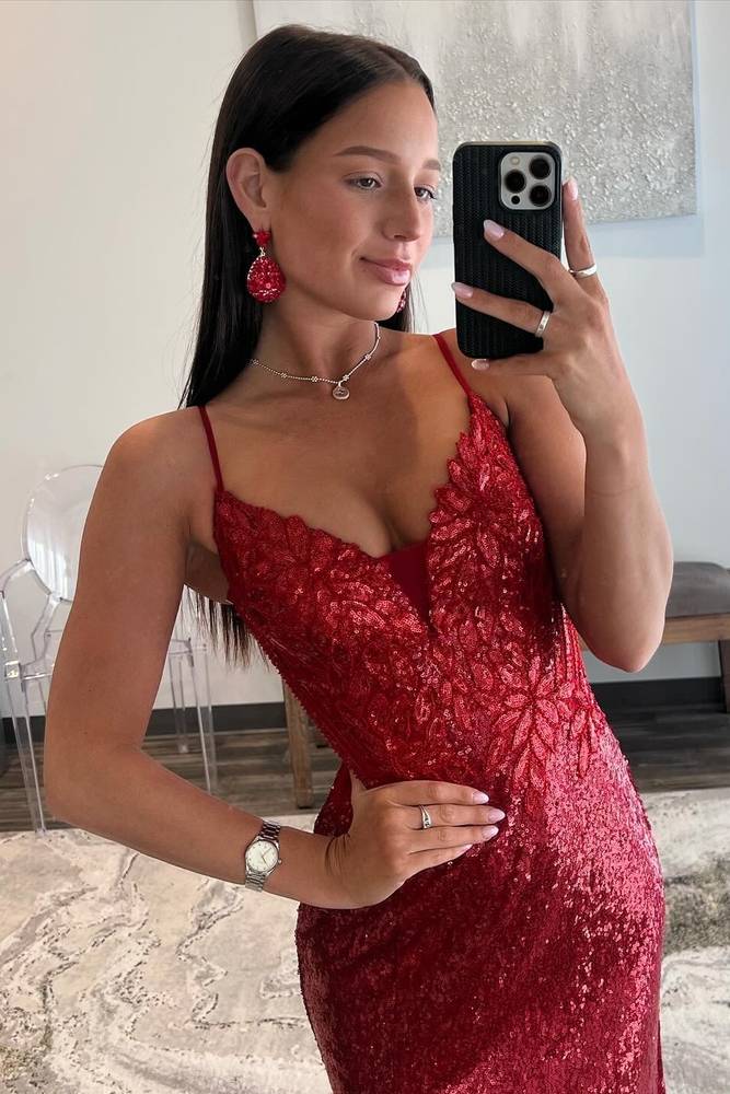 Straps Red Sequins Appliques High Slit Mermaid Long Formal Dress