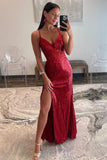 Straps Red Sequins Appliques High Slit Mermaid Long Formal Dress