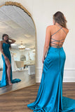 Straps Teal V-Neck Ruched Long Prom Dress