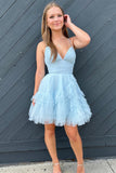 Straps V-Neck Pink Pleated Multi-Layers Tulle Homecoming Dress